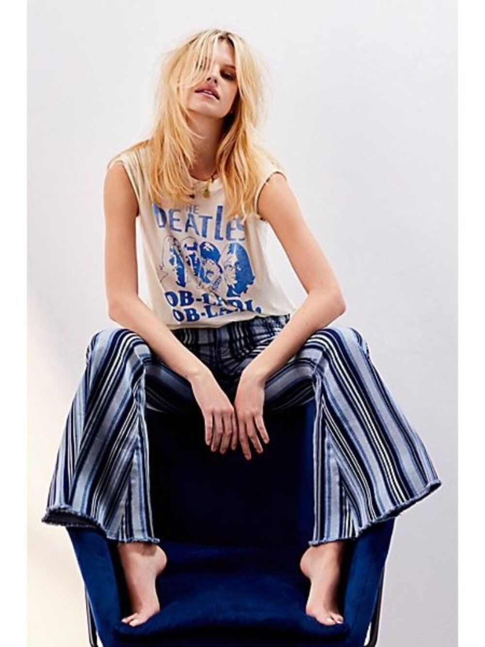 NWT Free People Blue Stripe Mid-Rise Super Flare Bell Bottom Jeans 31 Boho Denim